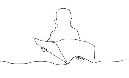 a cute child is reading a children's book. a composition of one line. an element isolated on a white background. for print, banners, cards. vector art illustrationのイラスト素材