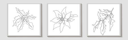 One line of the pattern of winter flowers. Modern art, the line of botanical flowers (poinsettia, holly) in the style of minimalism. for print, postcards, posters, wall pano. vector isolated art illustrationのイラスト素材