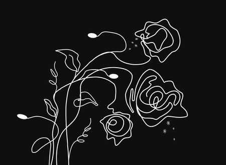 abstract leaves, flowers. isolated roses on a black background. hand-drawn illustration in the style of minimalism. art of one line. for print, wall pan, wallpaper, banner. vector patternのイラスト素材