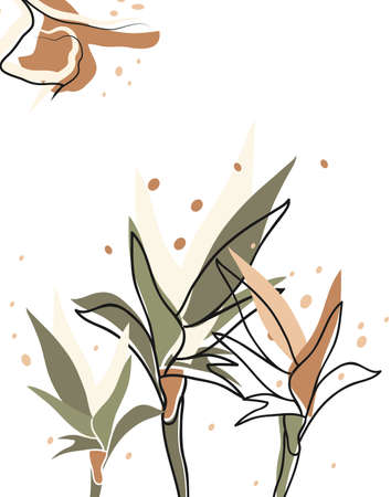 Modern, pattern of tropical leaf with a one line background. abstract concept of a drawing in a minimalist style. for print, paper, banner, postcard, card, holiday. art vector hand illustrationのイラスト素材