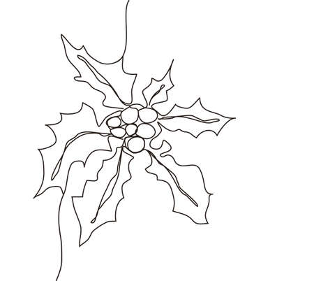 Continuous one line drawing. Concept holiday, holly leaf, branch isolated on white background. hand-drawn, close-up. modern design. for print, banner, card, paper, poster. vector illustrationのイラスト素材