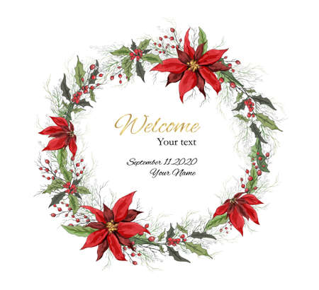a wreath of winter flowers (poinsettia, white mistletoe, holly) isolated on a white background. realistic of bouquets, leaves, hand-drawn. for seasonal postcard, print, holiday. art vintage styleのイラスト素材
