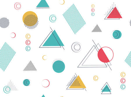 seamless pattern of trending geometric shapes (circle, line, triangle, dot). abstract elements: in...