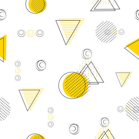 seamless pattern of geometric shapes (circle, line, triangle, dot). abstract element: in the style of a one line. memphis wallpaper, minimalism. for print, sale, banner. vector art illustrationのイラスト素材