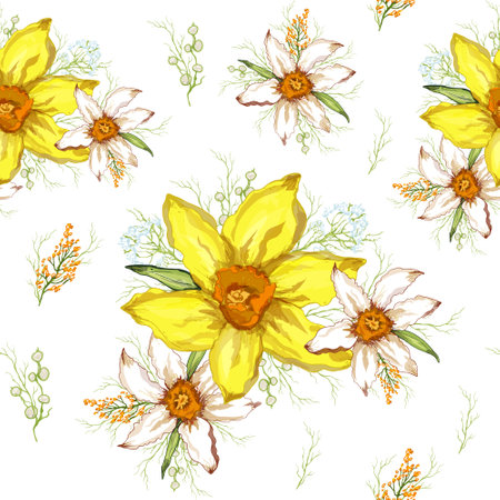 seamless Wallpaper of yellow flower close-up. primroses flowers in the style of realism (vintage). modern sketch, pattern for background, paper, print, advertising. vector art illustrationのイラスト素材