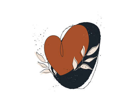Romantic composition, heart with a tropical leaf. hand drawn organic abstract illustration. modern object in boho style., minimalism, vector art illustration. for paper, print, banner, postcardのイラスト素材