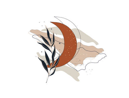 cosmic composition, abstract moon with a tropical leaf. hand drawn organic illustration. modern object in boho style., minimalism, vector art illustration. for paper, printing, banner, postcardのイラスト素材