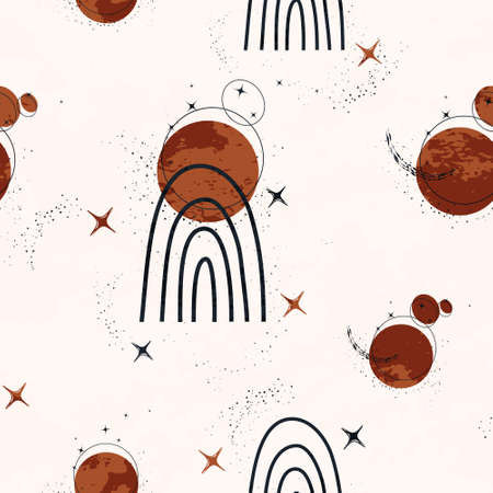 seamless, modern space pattern. rainbow, star, organic figure. hand-drawn abstract objects. isolated banner, minimalism, boho art style. for paper, print, banner, postcardのイラスト素材