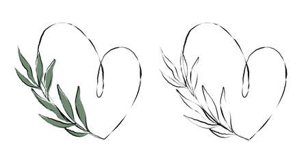 set of romantic heart with decorative leav. hand drawn, organic abstract illustration. a modern object isolated on a white background. minimalism, vector art illustration. for paper, print, banner, postcardのイラスト素材