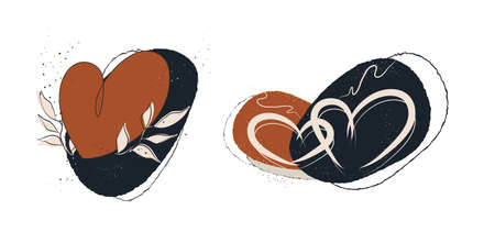 a set from a romantic heart with a tropical leaf. hand-drawn organic objects. isolated banner in . minimalism, art boho style. for paper, print, banner, card. vector illustrationのイラスト素材
