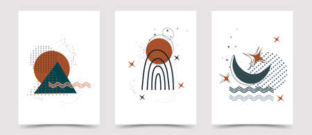 set of abstract circle, rainbow, moon. hand-drawn organic objects. isolated banner inside. minimalism, boho art style. for paper, printing, banner, postcardのイラスト素材