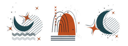 a set of abstract elements: moon, star, rainbow, hand-drawn organic objects. isolated banner inside. minimalism, boho art style. for paper, print, banner, postcard. boho styleのイラスト素材