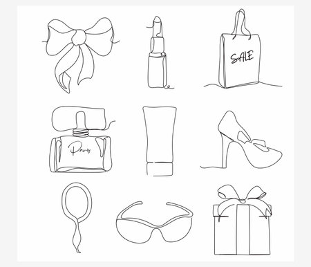 Modern icons fashion, femininity, shopping, leisure. Fashion elements in one line style. Items isolated on a white background. for print, social network, advertising, banner, card. Set of linear signsのイラスト素材