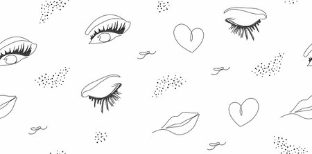 Elegant one-line seamless background with the image of fashionable elements. eye, lips, heart, a dot in a minimalist style. Fashionable illustration for print, paper. cosmetics, banner. A continuous line of art. fashion, beauty vectorのイラスト素材