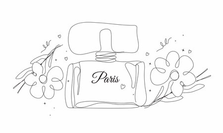 Perfume bottle, flower, leaf in one line style. modern illustration of women's toilet water isolated on a white background. for banner, print, invitation. art vectorのイラスト素材