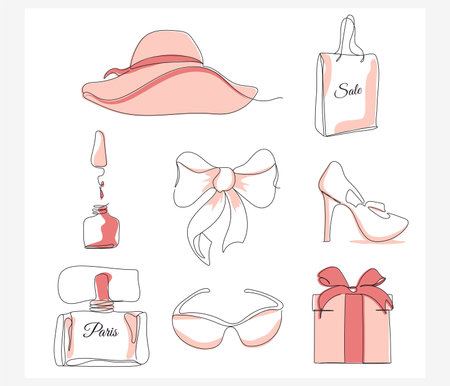 Modern icons fashion, femininity, shopping, leisure. Fashion elements in one line style. Items isolated on a white background. for print, social network, advertising, banner, card. Set of linear signs. vector art illustration.のイラスト素材