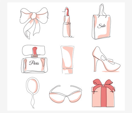 Modern icons fashion, femininity, shopping, leisure. Fashion elements in one line style. Items isolated on a white background. for print, social network, advertising, banner, card. Set of linear signsのイラスト素材