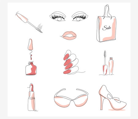 Modern icons fashion, femininity, shopping, leisure. Fashion elements in one line style. Items isolated on a white background. for print, social network, advertising, banner, card. Set of linear signs. vector art illustration.のイラスト素材
