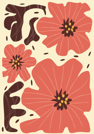 Colorful, bright summer retro silhouette. Abstract pattern with leaves, flowers, figure with texture. trendy print with flowers vector on modern style. A4 size poster for print, background, banner, postcard. art vector illustration.のイラスト素材