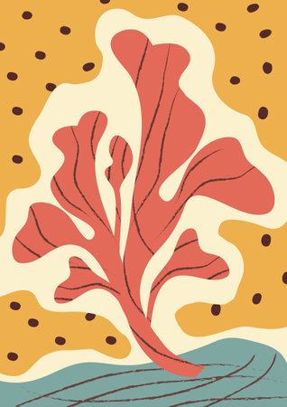 Colorful, bright summer retro silhouette. Abstract pattern with leaves, flowers, figure with texture. trendy print with flowers vector on modern style. A4 size poster for print, background, banner, postcard. art vector illustration.のイラスト素材