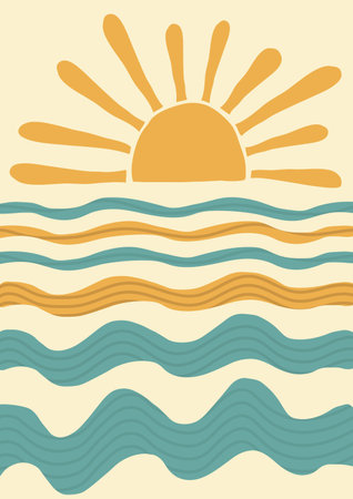 abstract summer landscape, sea, sun, waves. Paradise vacation in nature, the ocean in a minimalist retro style. hand drawn poster, banner, background. for printing, wall art. art vector illustration.のイラスト素材