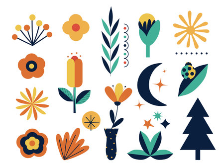trendy collection of flowers, leaves, shapes. decorative elements in a linear style. modern nature elements isolated on white background. for print, social media, banner, postcard. vector art illustrationのイラスト素材
