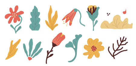 Simple abstract hand drawing of various shapes, patterns. Nature botanical flowers, leaves, objects, modern fashion elements. for print, banner, card, social networks. vector art illustration.のイラスト素材