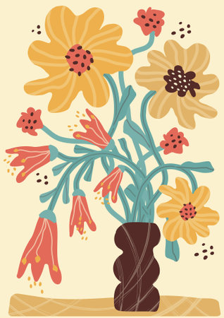 Colorful summer retro bouquet. Abstract vase with flowers, leaves, flowers, figure with texture. trendy print with flowers vector in modern style. A4 size poster for print, background, banner, postcard. vector art illustration.のイラスト素材