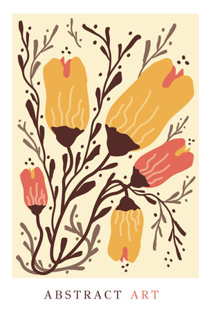 Colorful, bright summer retro silhouette. Abstract pattern with leaves, flowers, figure with texture. trendy print with flowers vector on modern style. A4 size poster for print, background, banner, postcard. art vector illustration.のイラスト素材