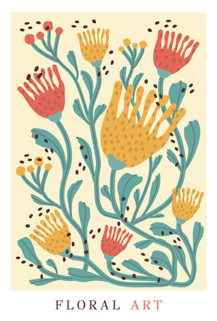 abstract floral poster. Trendy hand drawn flowers in a minimalist style. Decorative modern botanical elements, matisse. for print, banner, poster. art vector illustration.のイラスト素材