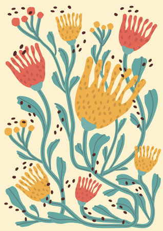 Colorful, bright summer retro background. Abstract pattern with leaves, flowers, figure with texture. trendy print with tulips in modern style. A4 size poster for print, banner, postcard. vector art illustration.のイラスト素材