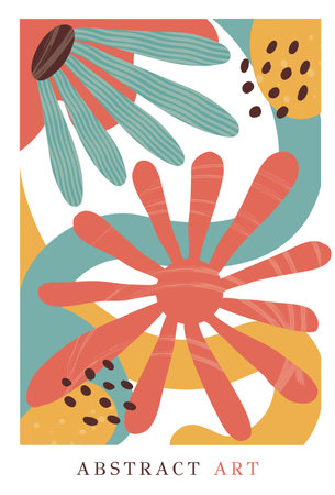 Colorful, bright summer retro silhouette. Abstract pattern with leaves, flowers, figure with texture. trendy print with flowers vector on modern style. A4 size poster for print, background, banner, postcard. art vector illustration.のイラスト素材