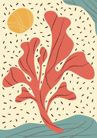 Colorful, bright summer retro silhouette. Abstract pattern with leaves, flowers, figure with texture. trendy print with flowers vector on modern style. A4 size poster for print, background, banner, postcard. art vector illustration.のイラスト素材