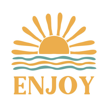 abstract summer landscape, sea, sun, waves. Paradise vacation in nature, the ocean in a minimalist retro style. hand drawn poster, banner, background. print, wall art. art vector illustration.のイラスト素材