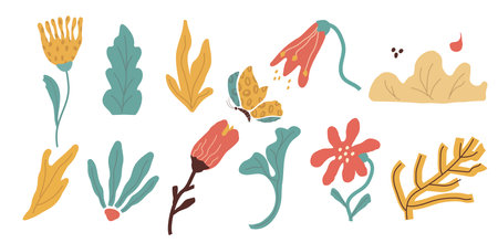 Simple abstract hand drawing of various shapes, patterns. Nature botanical flowers, leaves, objects, modern fashion elements. for print, banner, card, social networks. vector art illustration.のイラスト素材