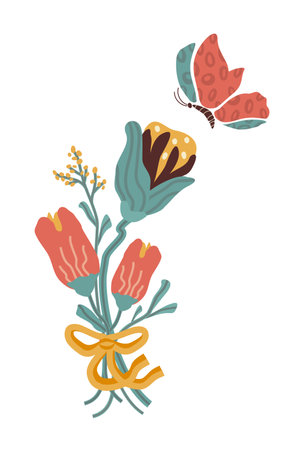 floral motif in retro style. trendy flower, leaves, butterfly with abstract texture. modern design, element isolated on white background. for print, postcard, wall panels, textiles, paper. art vectorのイラスト素材