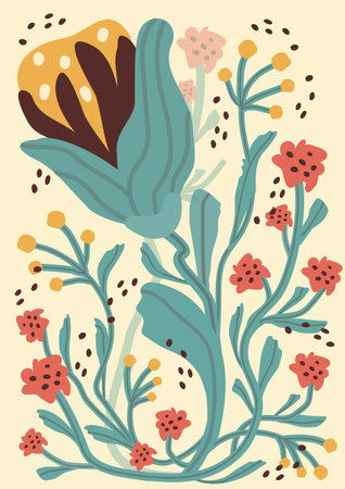 Colorful, bright summer retro background. Abstract pattern with leaves, flowers, figure with texture. trendy print with tulips in modern style. A4 size poster for print, banner, postcard. art illustrationの写真素材