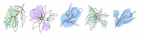 One line of the pattern of winter flowers. Modern art, the line of botanical flowers (poinsettia, holly, mistletoe) in the style of minimalism. for print, postcard, poster, wall pano. vector isolated floral art illustrationのイラスト素材