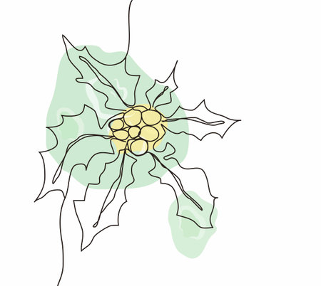 Continuous one line drawing. Concept holiday, holly leaf, branch isolated on white background. hand-drawn, close-up. modern design. for print, banner, card, paper, poster. vector illustrationのイラスト素材