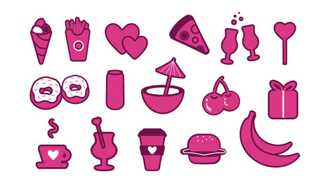 Set of fashionable stickers, cute colorful icons. burger, fast food, banana, heart, pizza. for print, banner, social networks. vector art illustration in flat style.のイラスト素材