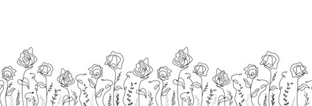 seamless pattern of abstract leaves, flowers. isolated roses on a white background. hand-drawn illustration in doodle style. the art of one line. for print, banners, postcards, holiday ideas. art vector wallpaperのイラスト素材