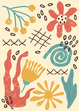 Colorful, bright summer retro silhouette. Abstract pattern with leaves, flowers, shape with texture. trendy print with elements vector on modern style. A4 size poster for print, background, banner, postcard. art vector illustration.のイラスト素材