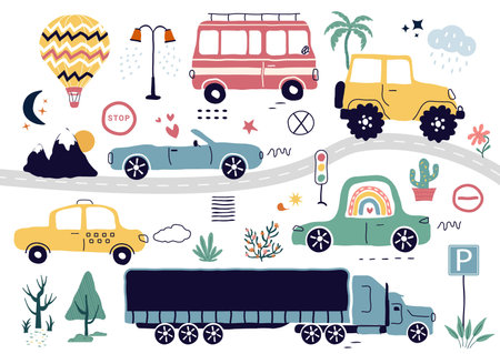a modern set with hand drawn cars, signs, roads, and a tree. A cartoon element isolated on a white background. for print, children, paper, print. vector illustration in the style of trending artのイラスト素材