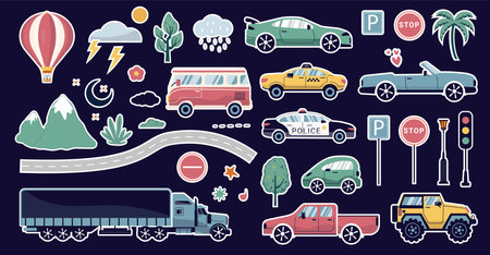 a modern set with hand drawn cars, signs, roads, a tree. A cartoon element, stickers isolated. for print, children, paper, print. vector illustration in the style of trending artのイラスト素材