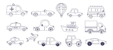 A set of modern cars. Taxi, police, convertible, pickup truck. Bus, SUV, small car. Urban types of cars in a flat style. for the web, print, banner. vector art illustration.のイラスト素材