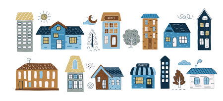 the trendy pattern of a cute winter house. A set of cute, cartoon urban, cartoon houses. graphic elements, with houses in minimal style. for print, banner, card. modern art vectorのイラスト素材