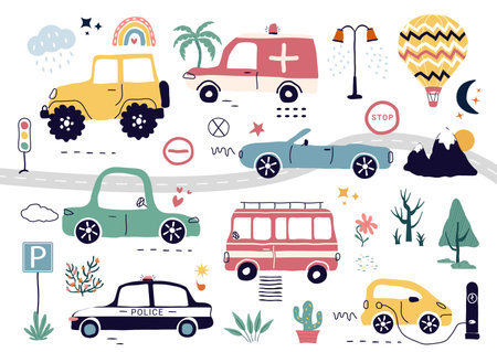 a modern set with hand drawn cars, signs, roads, and a tree. A cartoon element isolated on a white background. for print, children, paper, print. vector illustration in the style of trending artのイラスト素材