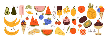 Collection of abstract fruit, dessert in doodle style. Tropical fruits, berries, in minimalist styles. Pineapple, watermelon, pomegranate, banana drawn with a line. An ingredient for juice, smoothies, yogurt, smoothies, print. Packaging label design elementのイラスト素材
