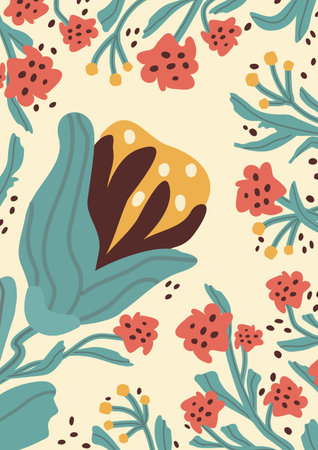 Colorful, bright summer retro background. Abstract pattern with leaves, flowers, figure with texture. trendy print with tulips in modern style. A4 size poster for print, banner, postcard. vector art illustration.のイラスト素材