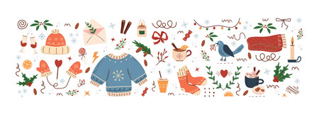 concept winter, pattern, Fir tree, stars, dots, snow, line drawing. Holiday design elements are isolated on white background. Simple shape concept for winter season cards, for party poster, banner, print. vector art illustrationのイラスト素材